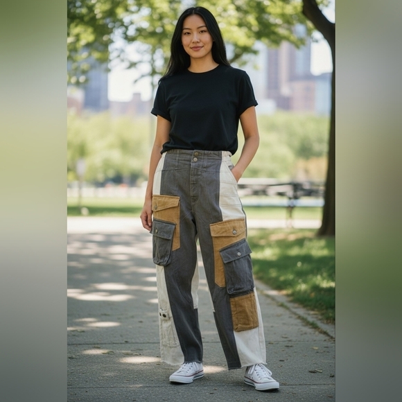 Oli & Hali Denim - Oli & Hali Patchwork Utility Cargo Pants Mixed Panel Boho Size S